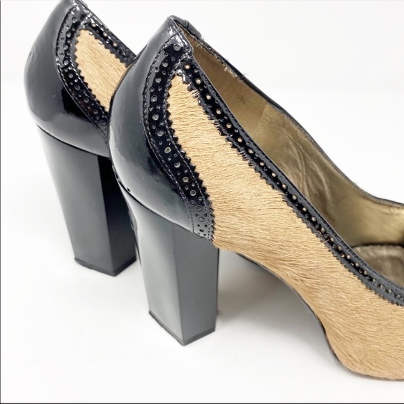 DIANE VON FURSTENBERG Calf Hair Patent Leather Peep Toe Heels, Size 7.5 - Picture 12 of 13